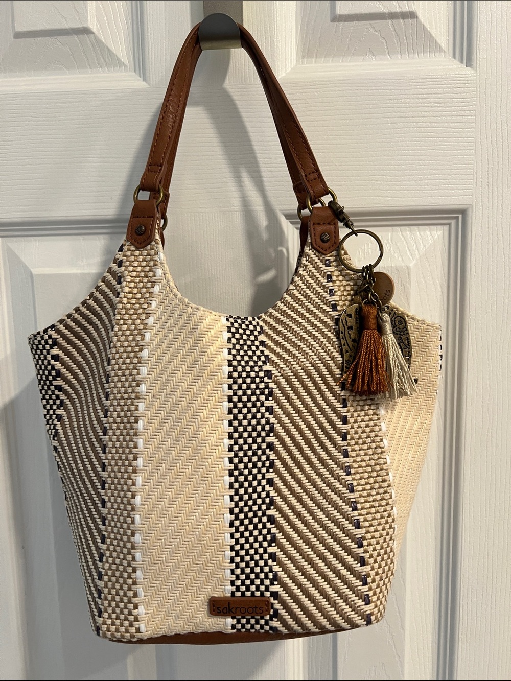 Sakroots Tan, Cream & Brown Woven Roma Purse with Elepahnt Tassel Charm